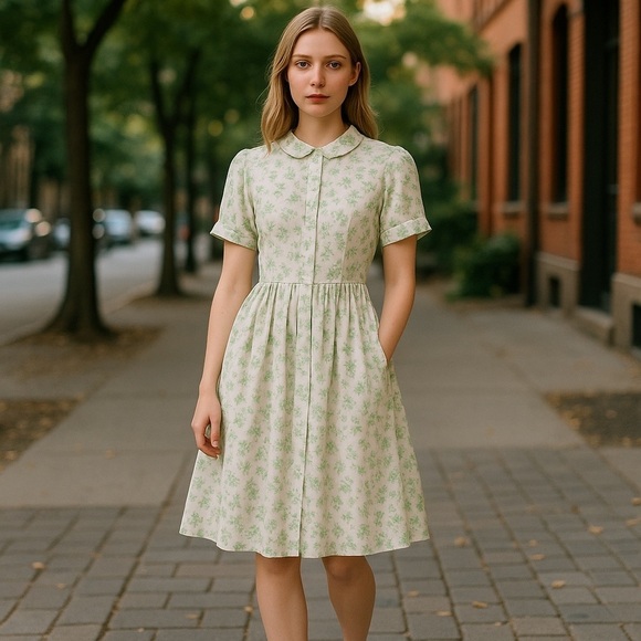 Vintage Dresses & Skirts - Vintage Country Corner Green Botanical Print Button-Up Dress